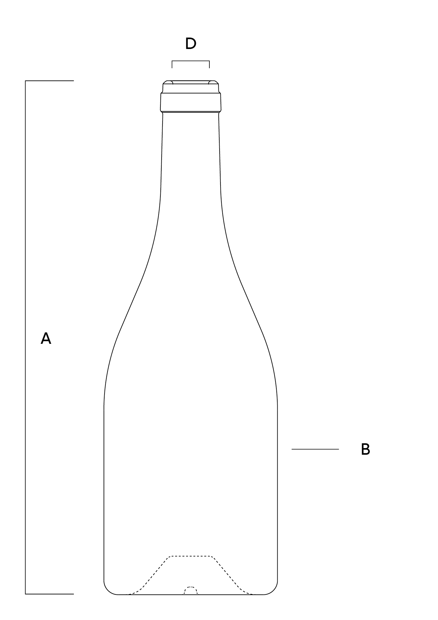 Technical drawing of the Bourgogne Origin 750ml bottle with its dimensions, including height (A), diameter (B), and the square finish detail (D).