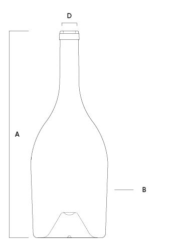 Technical drawing of Saverglass Bourgogne Antik bottle, with detailed dimensions and profile.