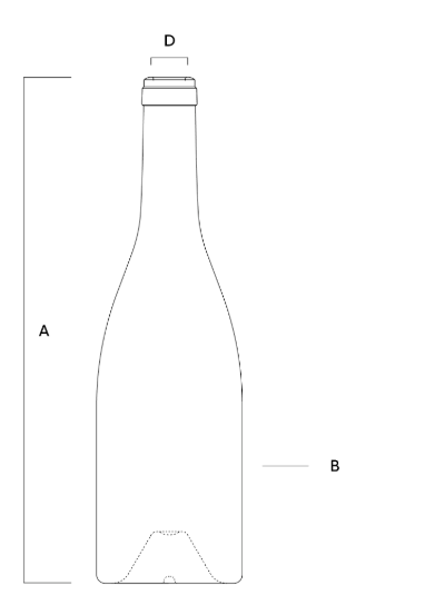 Technical drawing of Saverglass glass bottle Bourgogne Roble for wines and champagnes, with detailed dimensions and profile.