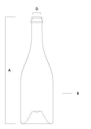 Plan technique de la bouteille Arbane par Saverglass, montrant les dimensions et le profil pour une capsule à couronne.