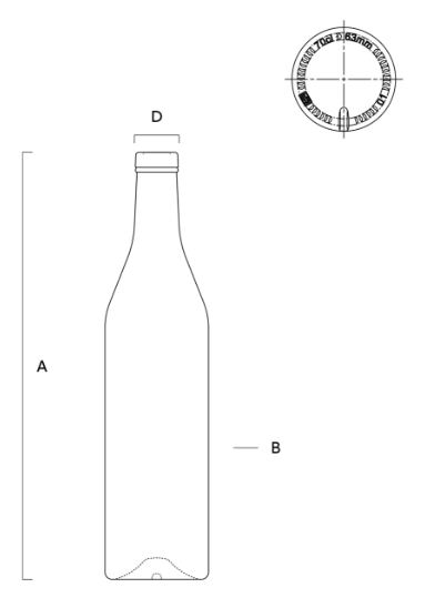 Schéma de la bouteille Cognacaise Eco de Saverglass, avec dimensions et détails de la bouteille.