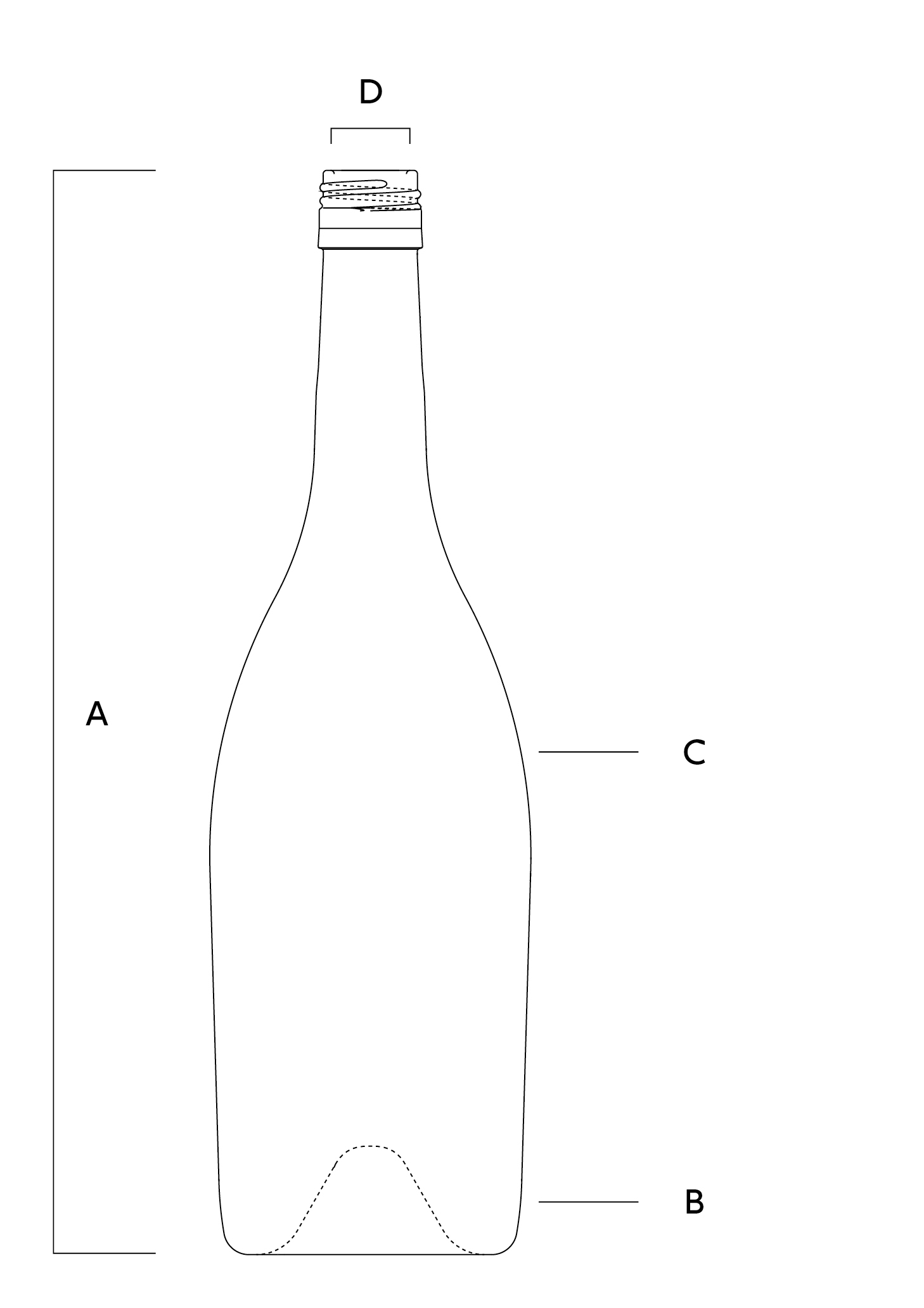 Esquema botella Bourgogne TASTEVINE BVS – Plano técnico Saverglass Esquema de la botella de vidrio Bourgogne TASTEVINE BVS de Saverglass, con referencias dimensionales A, B, C y D.