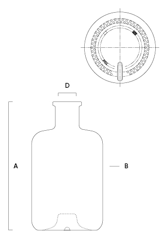 Schéma technique de la bouteille en verre Elixir Saverglass avec dimensions et vue de dessus
